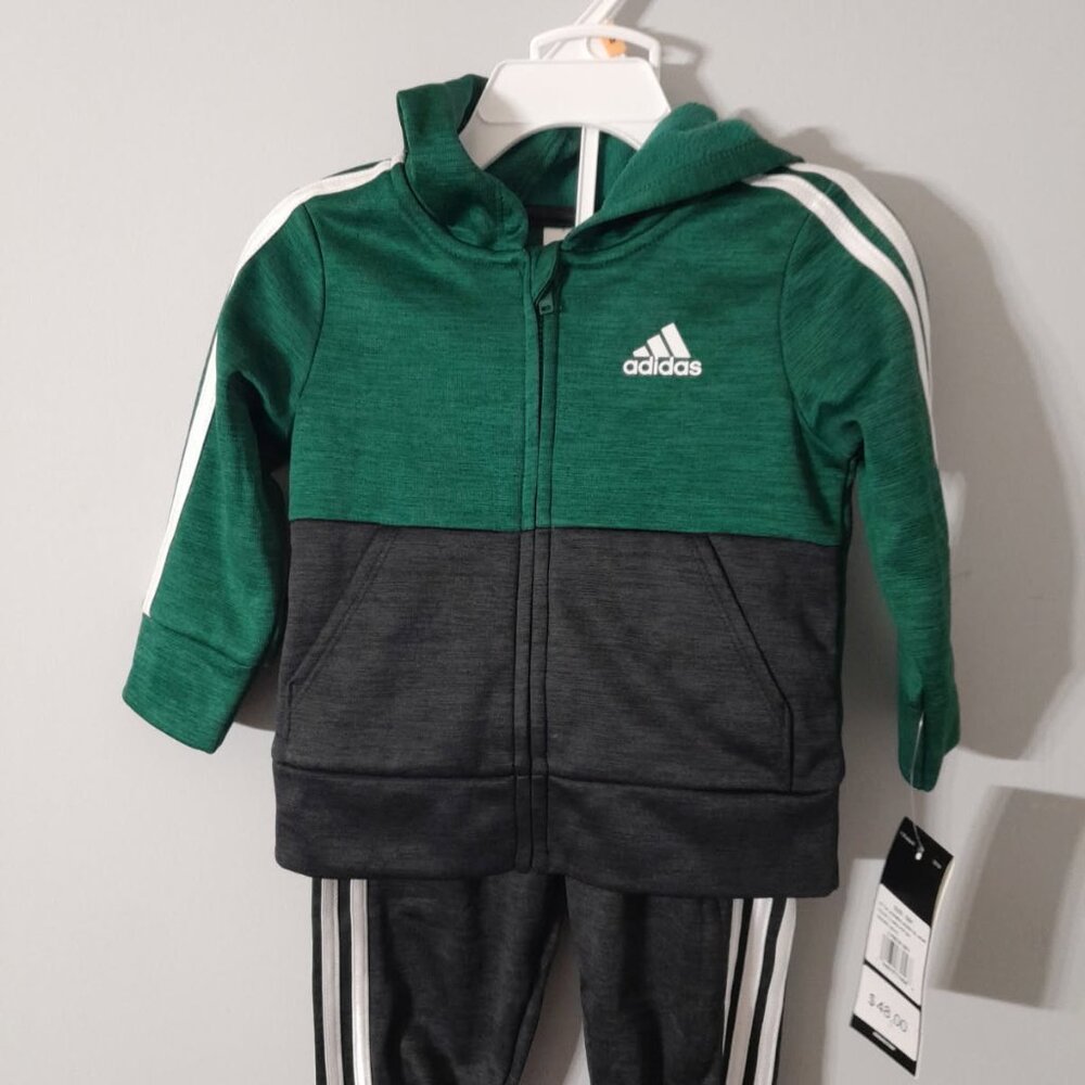 Adidas, 2 Piece Set for Boys, Pants & Hoodie, Grey and Green, 12 Months